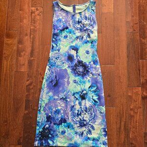 New York & Co Womens Dress Blue Floral Sheath Stretch Midi Comfort Size M